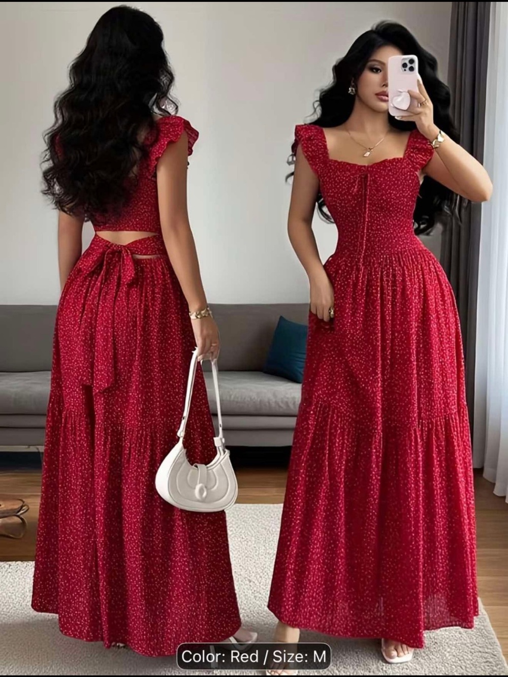Women's Red Maxi Dress with Smocked Bodice and Tie-Back ❤️